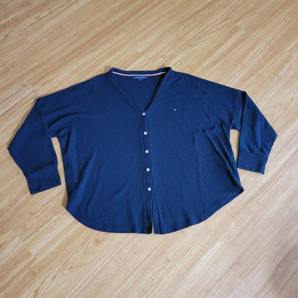 Tommy Hilfiger Cardigan Sweater Womens XXL Navy Blue Waffle Knit Thermal Button - Picture 2 of 11